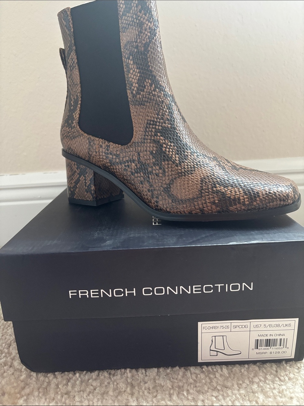 French Connection Snake-Print Chelsea Booties